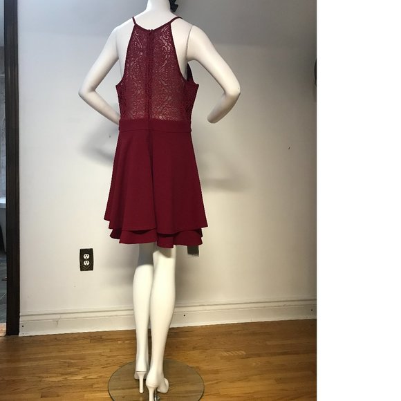 PLUS SIZE Le Chateau Deep Red Burgundy Fit Flare Skater Lace Dress Formal NWT - Picture 1 of 8